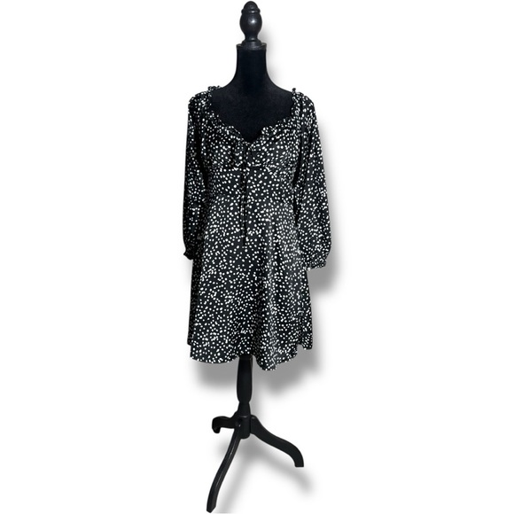 She + Sky Black and White Polka Dot Ruffled Front Tie Long Sleeve Mini Dress - Picture 2 of 16